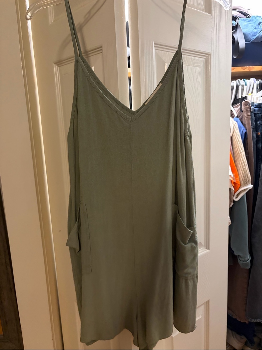 Olive Green V-Neck Romper with Pockets